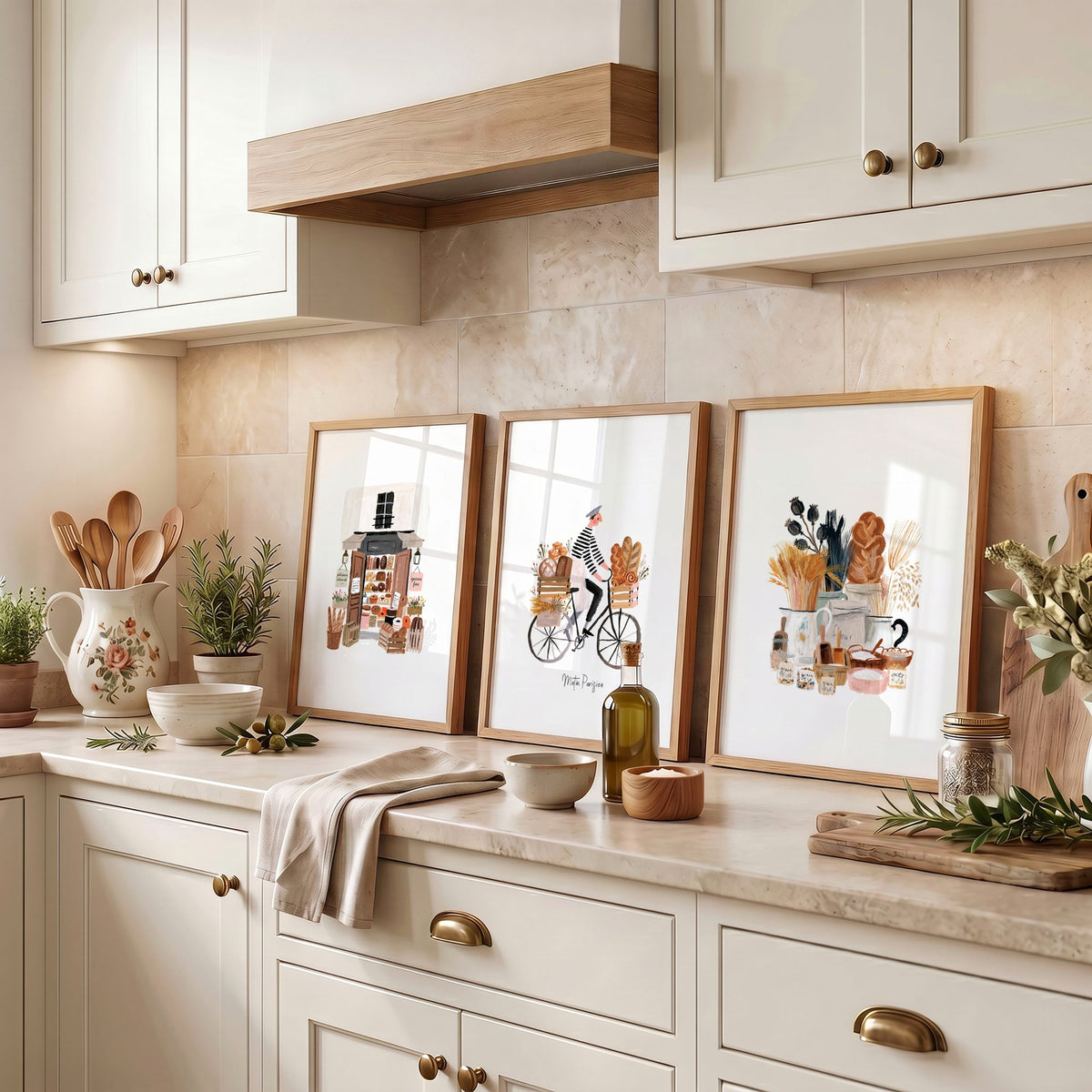 Paris Boulangerie Wall Art for Kitchen | "Matin Parisien" Beige & Brown Travel wall art displayed on a wall in a styled room — view 2