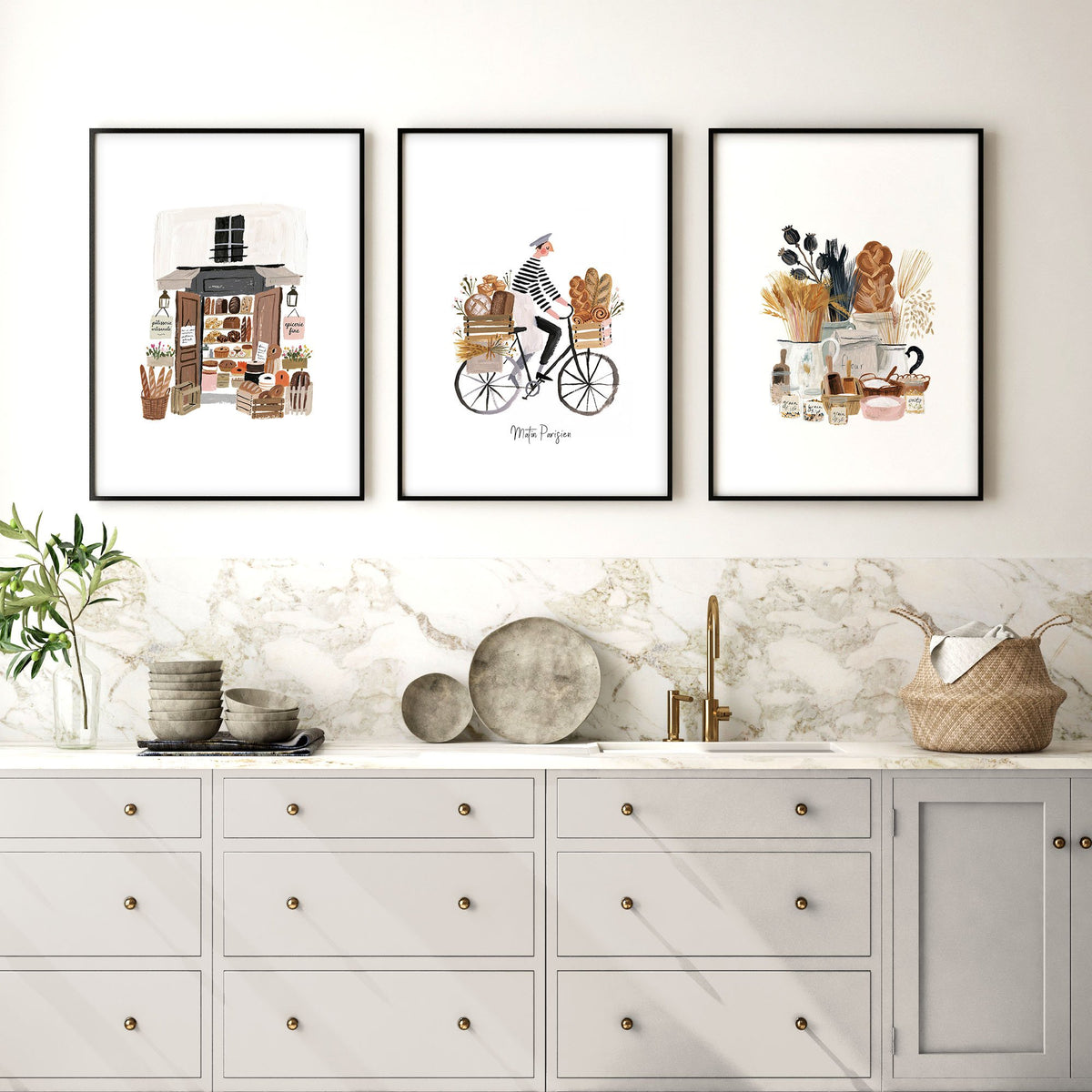 Paris Boulangerie Wall Art for Kitchen | "Matin Parisien" Beige & Brown Travel wall art displayed on a wall in a styled room — view 3