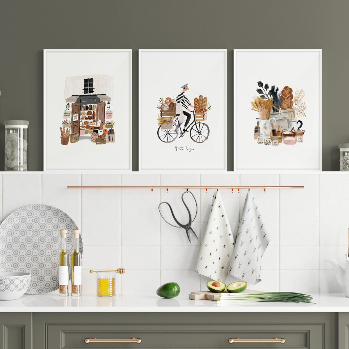 Paris Boulangerie Wall Art for Kitchen | "Matin Parisien" Beige & Brown Travel wall art displayed on a wall in a styled room — view 4