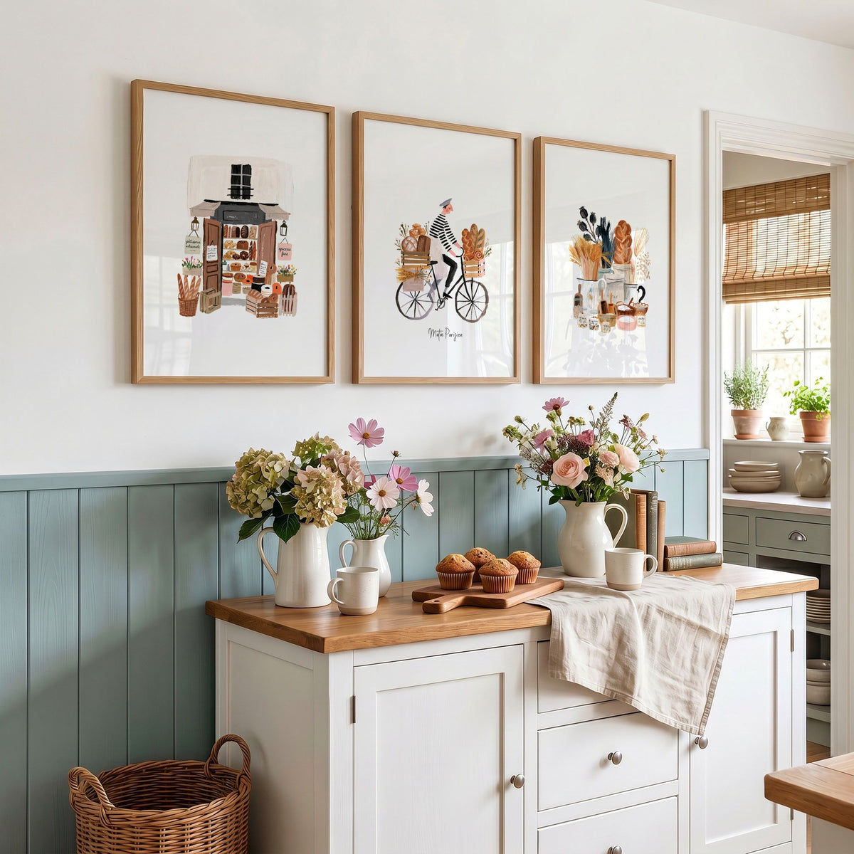 Paris Boulangerie Wall Art for Kitchen | "Matin Parisien" Beige & Brown Travel wall art displayed on a wall in a styled room — view 6