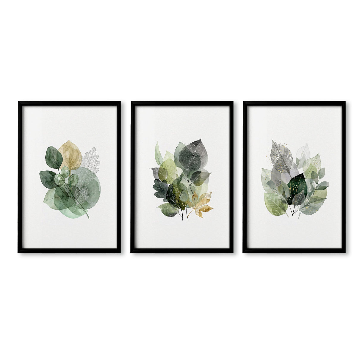 Wall Art Greenery Botanical Watercolour Leaves White Green Ochre in a black frame