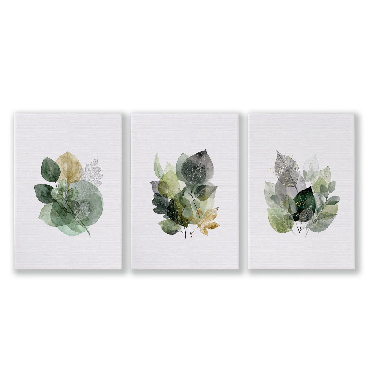 Wall Art Greenery Botanical Watercolour Leaves White Green Ochre as a wrapped canvas
