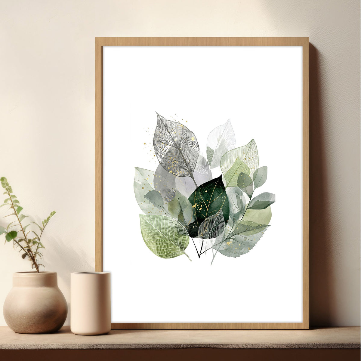 Wall Art Greenery Botanical Watercolour Leaves White Green Ochre — piece 3 of 3 in the set