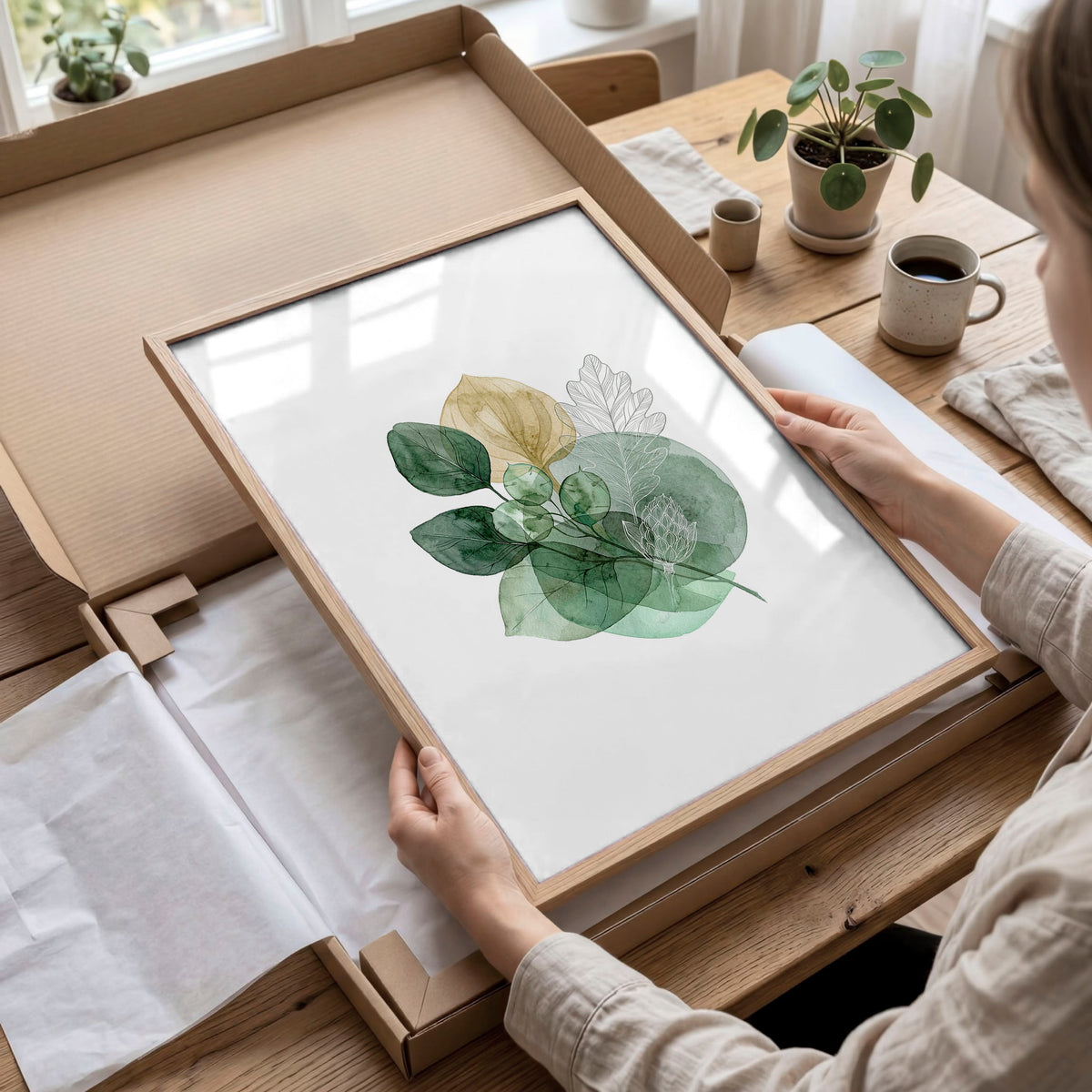 Wall Art Greenery Botanical Watercolour Leaves White Green Ochre displayed on a wall in a styled room