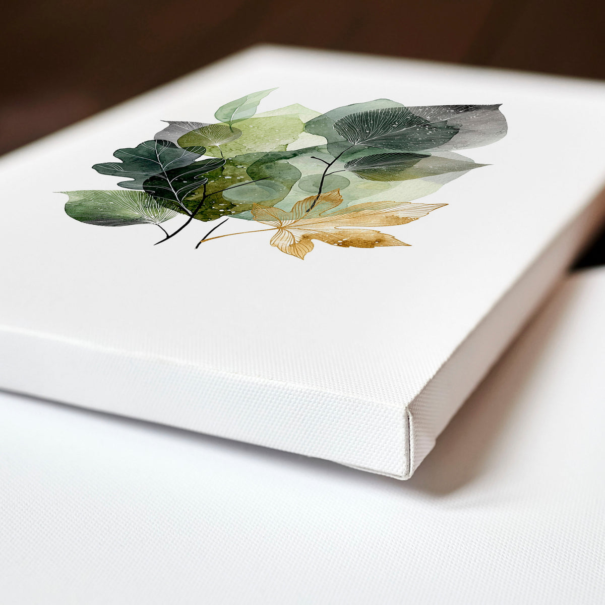 Wall Art Greenery Botanical Watercolour Leaves White Green Ochre displayed on a wall in a styled room — view 2