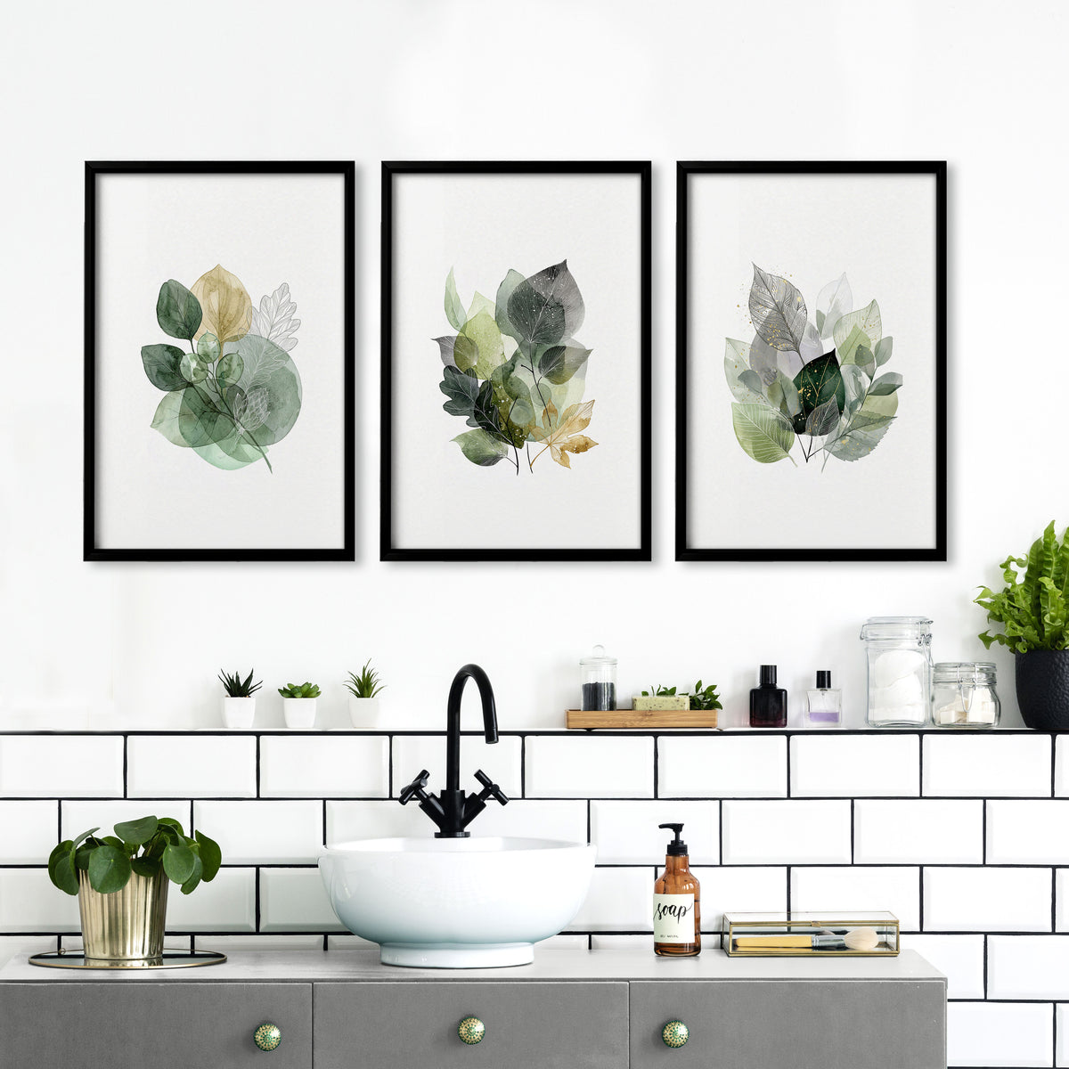 Wall Art Greenery Botanical Watercolour Leaves White Green Ochre displayed on a wall in a styled room — view 3