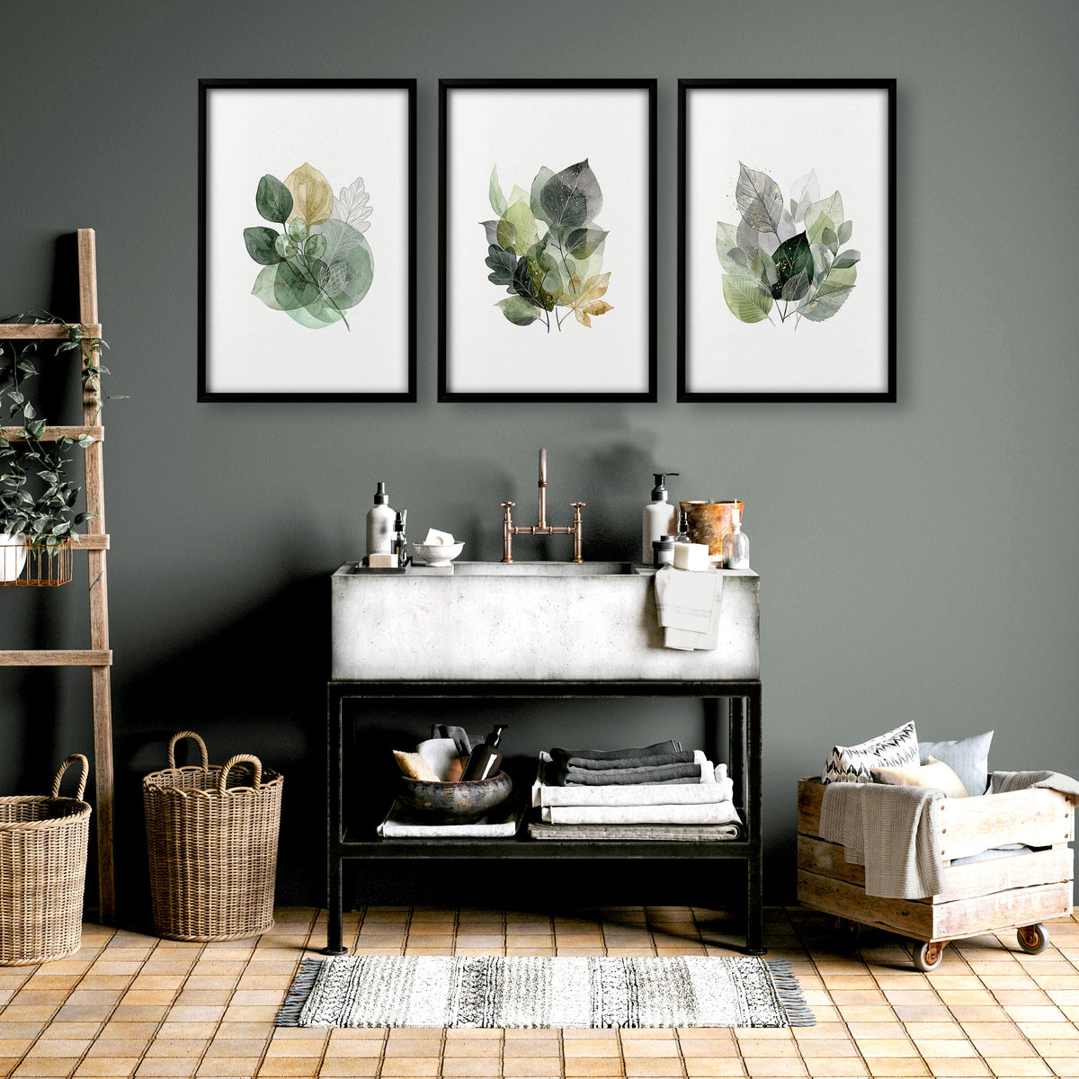 Wall Art Greenery Botanical Watercolour Leaves White Green Ochre displayed on a wall in a styled room — view 4