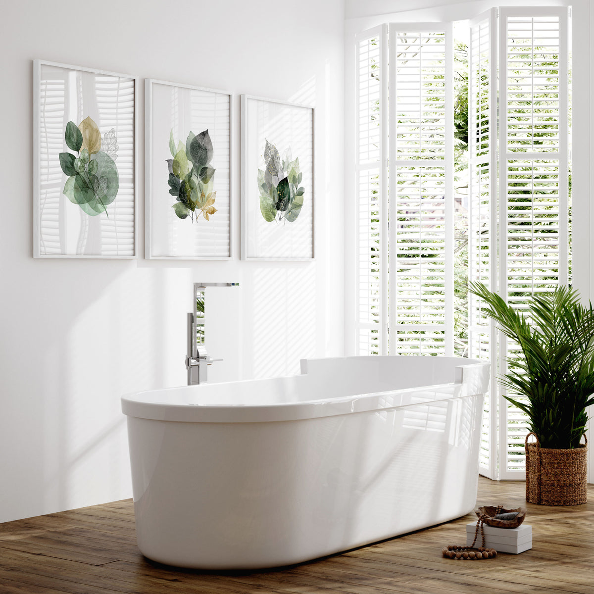 Wall Art Greenery Botanical Watercolour Leaves White Green Ochre displayed on a wall in a styled room — view 6