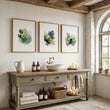 Wall Art Greenery Botanical Watercolour Leaves White Green Ochre displayed on a wall in a styled room — view 7