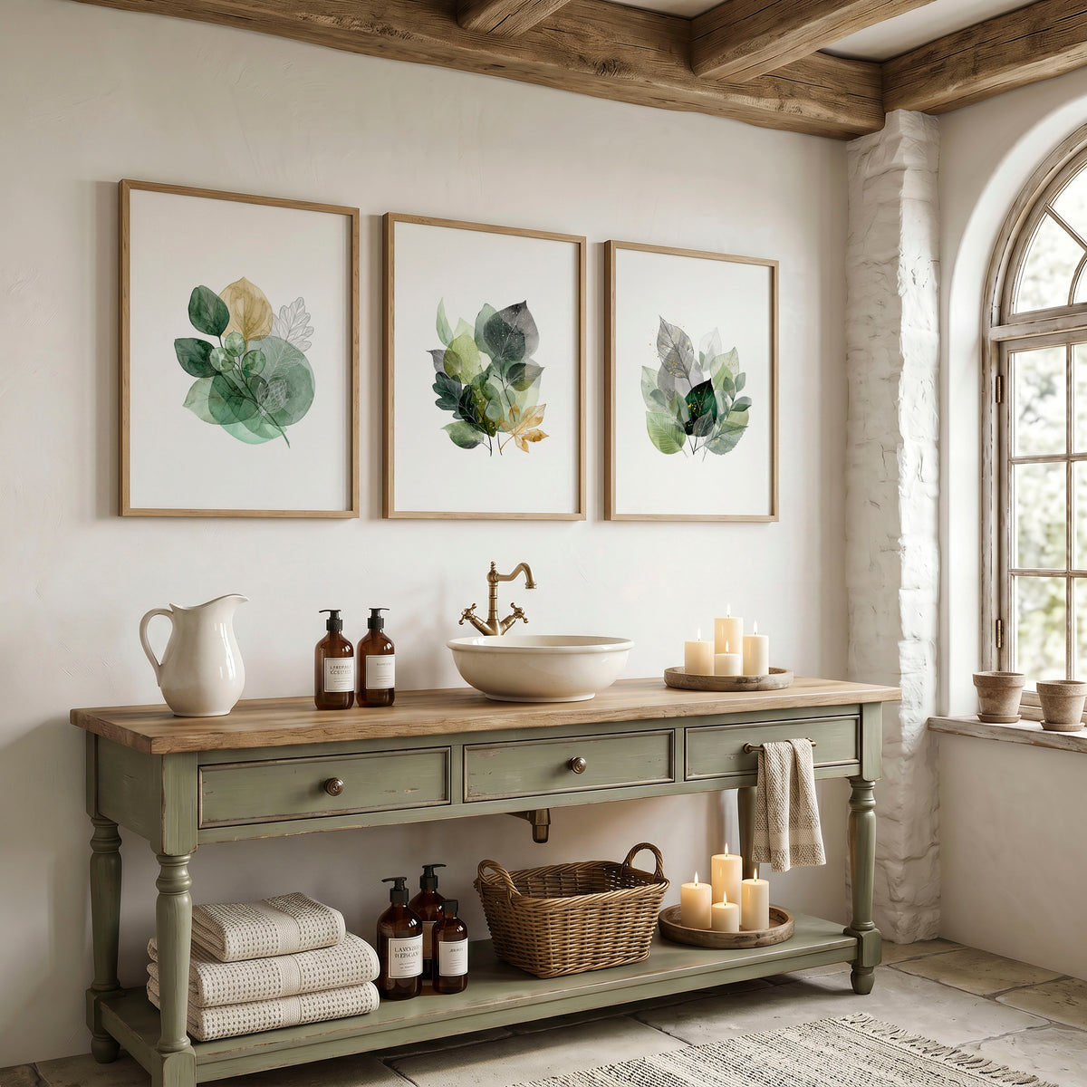 Wall Art Greenery Botanical Watercolour Leaves White Green Ochre displayed on a wall in a styled room — view 7
