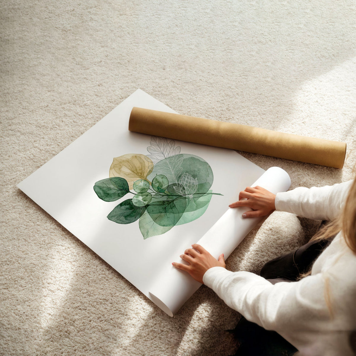 Wall Art Greenery Botanical Watercolour Leaves White Green Ochre, unframed