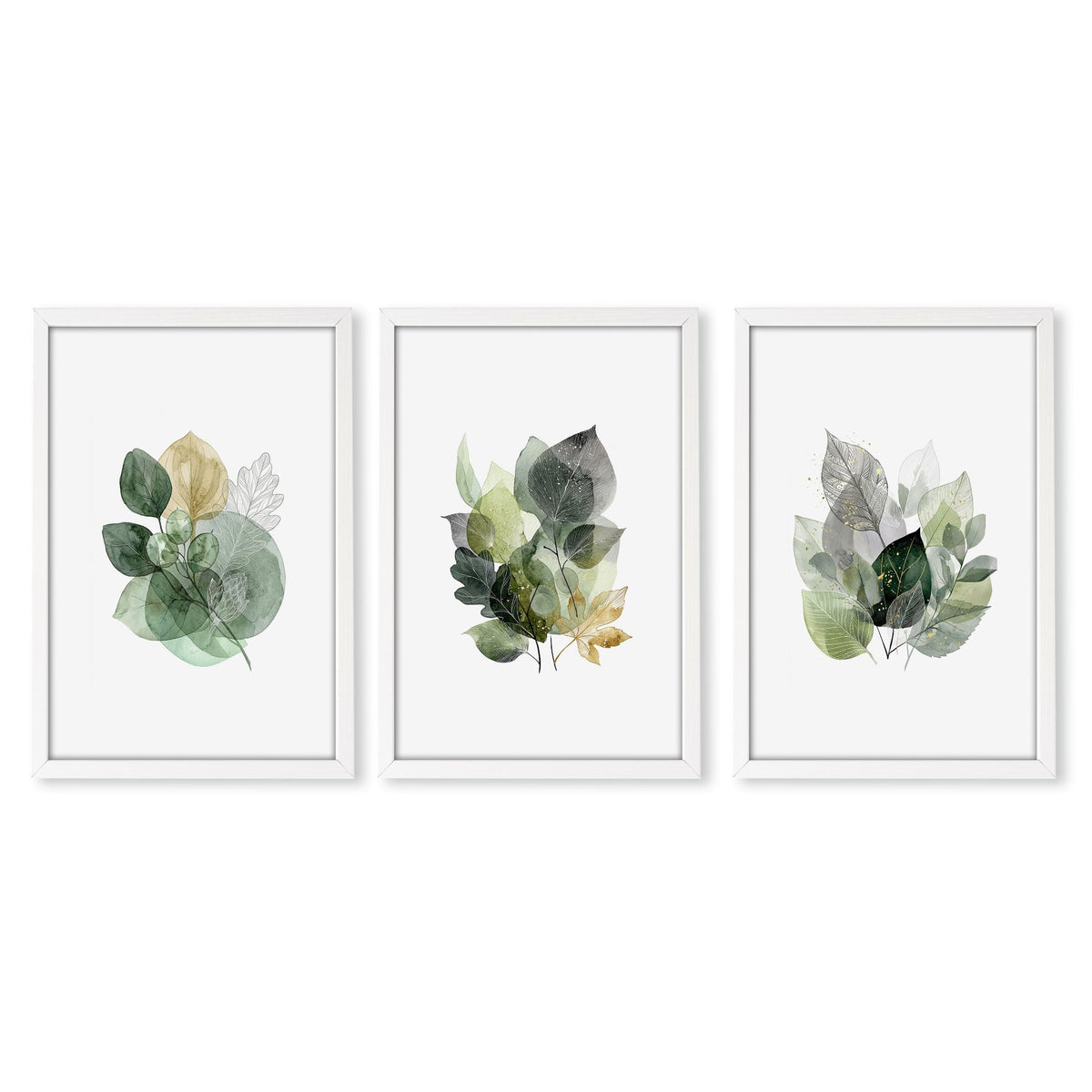 Wall Art Greenery Botanical Watercolour Leaves White Green Ochre in a white frame
