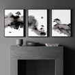 Wall Art Japanese Ink Landscape with Fisherman, Moon & Pine Trees displayed on a wall in a styled room