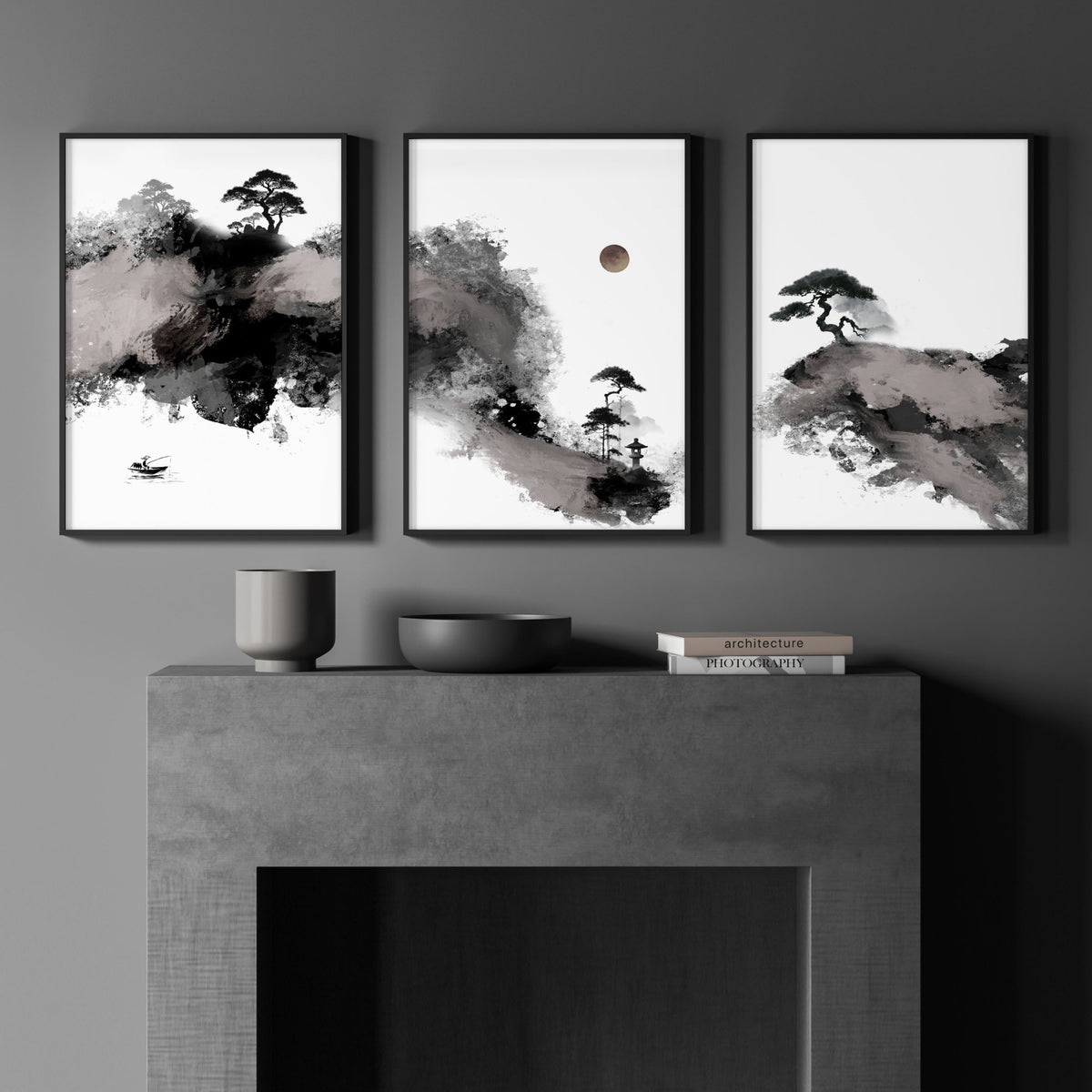 Wall Art Japanese Ink Landscape with Fisherman, Moon & Pine Trees displayed on a wall in a styled room