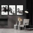 Wall Art Japanese Ink Landscape with Fisherman, Moon & Pine Trees displayed on a wall in a styled room — view 2