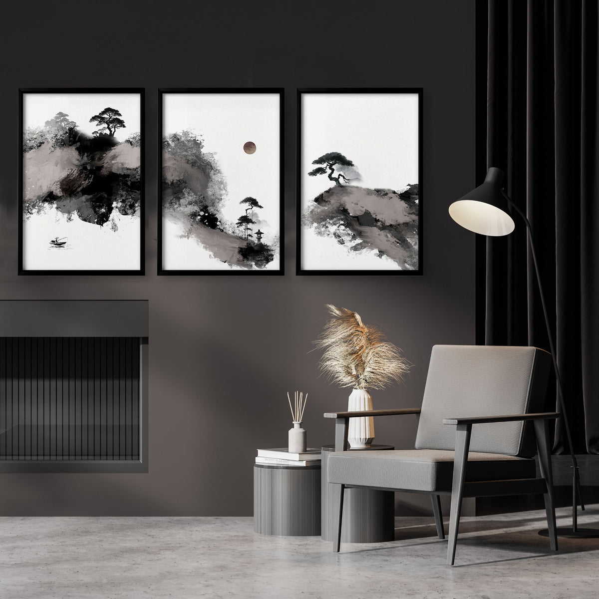 Wall Art Japanese Ink Landscape with Fisherman, Moon & Pine Trees displayed on a wall in a styled room — view 2