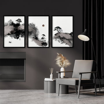 Wall Art Japanese Ink Landscape with Fisherman, Moon & Pine Trees displayed on a wall in a styled room — view 2
