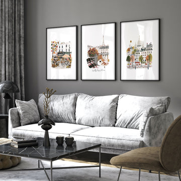 Wall Art Living Room Large Paris Travel wall art | "Les Petits Plaisirs de la Vie" Eiffel Tower Watercolour displayed on a wall in a styled room
