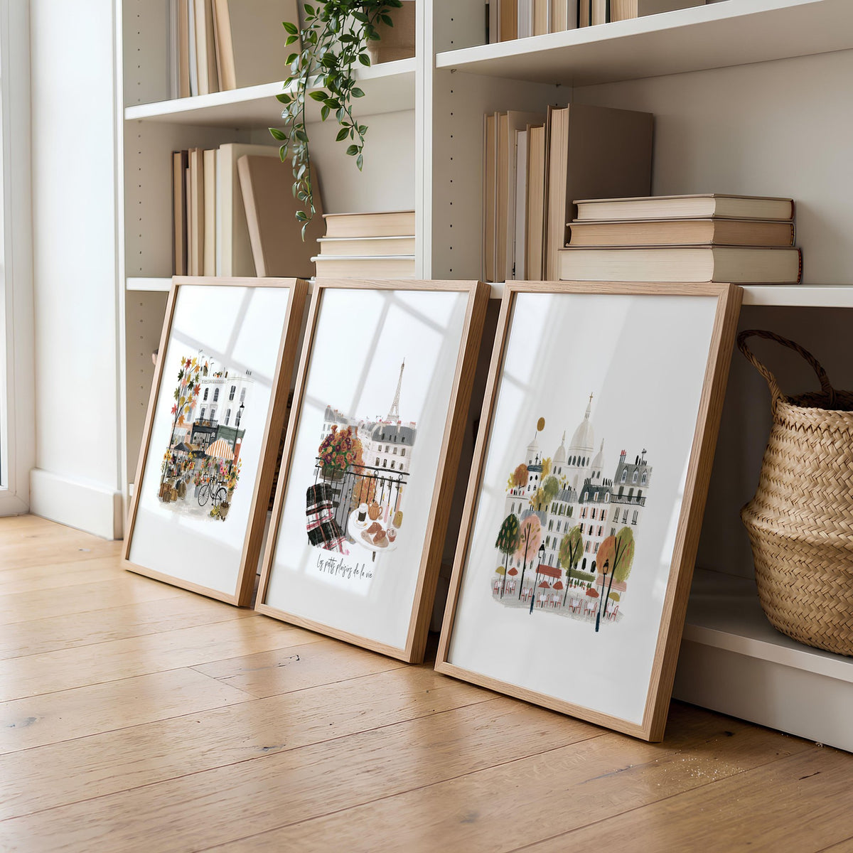 Wall Art Living Room Large Paris Travel wall art | "Les Petits Plaisirs de la Vie" Eiffel Tower Watercolour displayed on a wall in a styled room — view 2