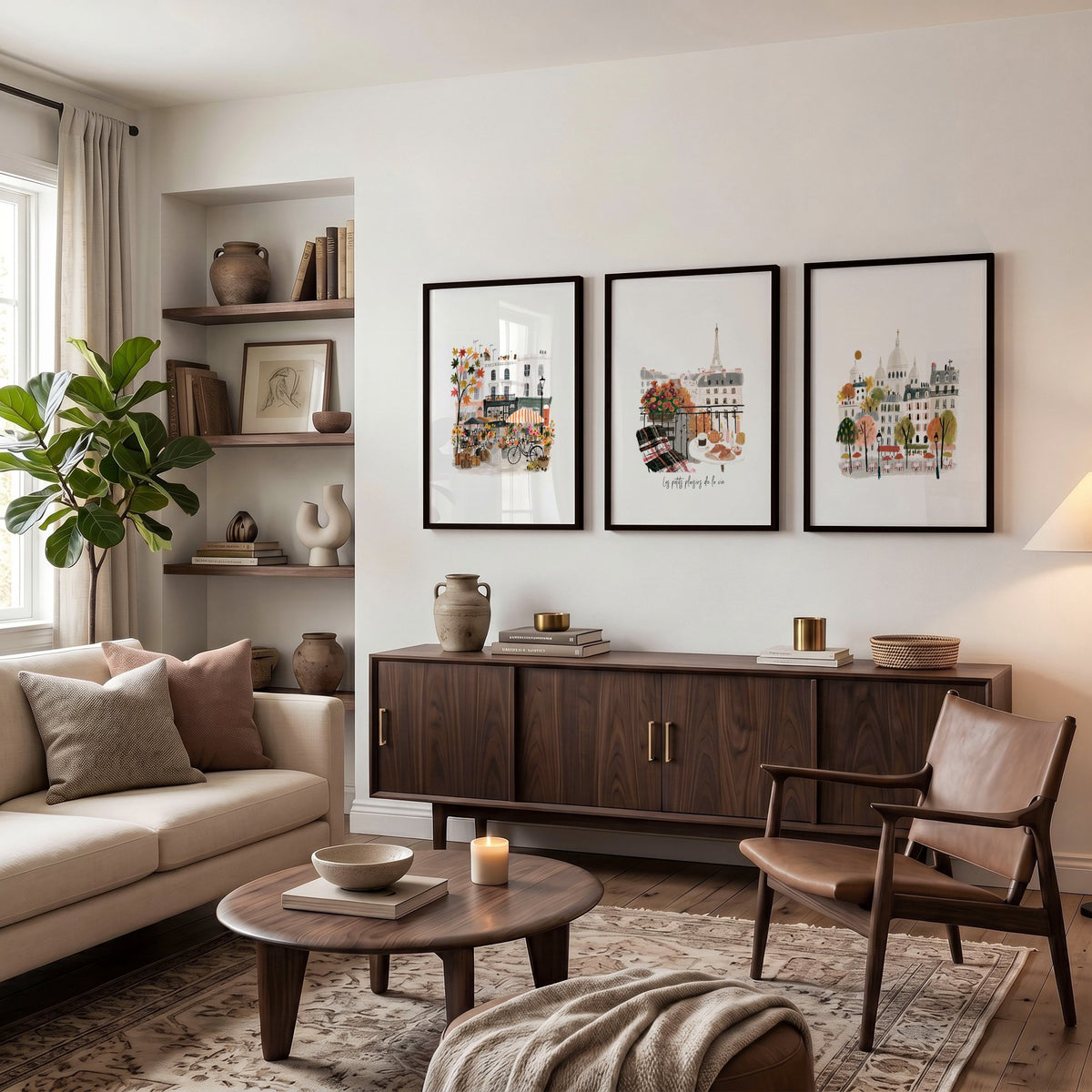 Wall Art Living Room Large Paris Travel wall art | "Les Petits Plaisirs de la Vie" Eiffel Tower Watercolour displayed on a wall in a styled room — view 3
