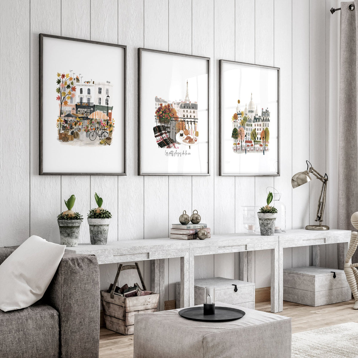 Wall Art Living Room Large Paris Travel wall art | "Les Petits Plaisirs de la Vie" Eiffel Tower Watercolour displayed on a wall in a styled room — view 4
