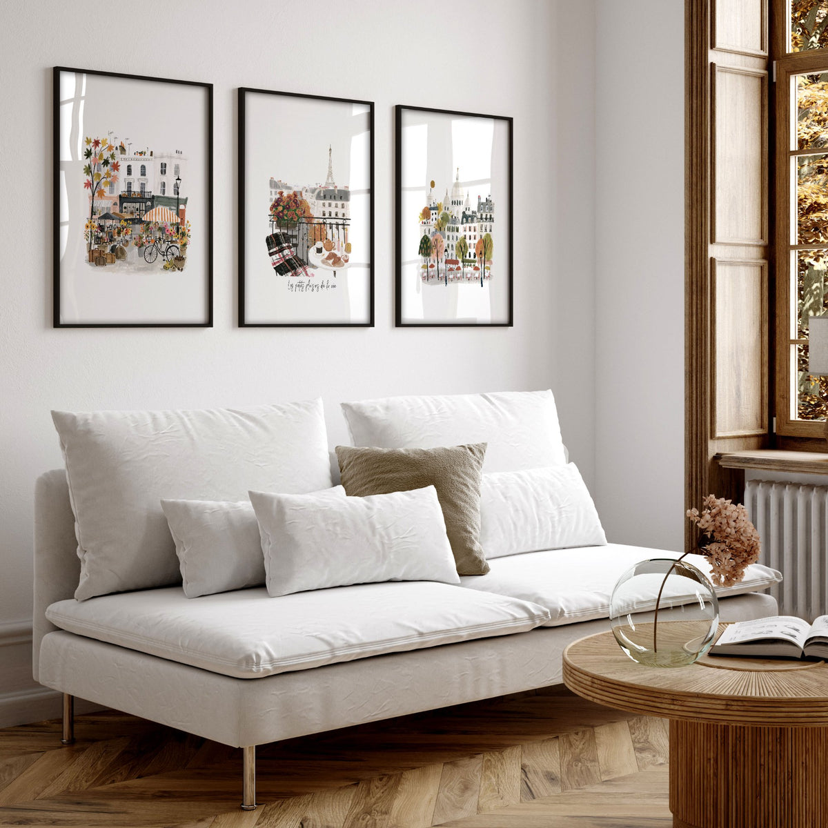 Wall Art Living Room Large Paris Travel wall art | "Les Petits Plaisirs de la Vie" Eiffel Tower Watercolour displayed on a wall in a styled room — view 5