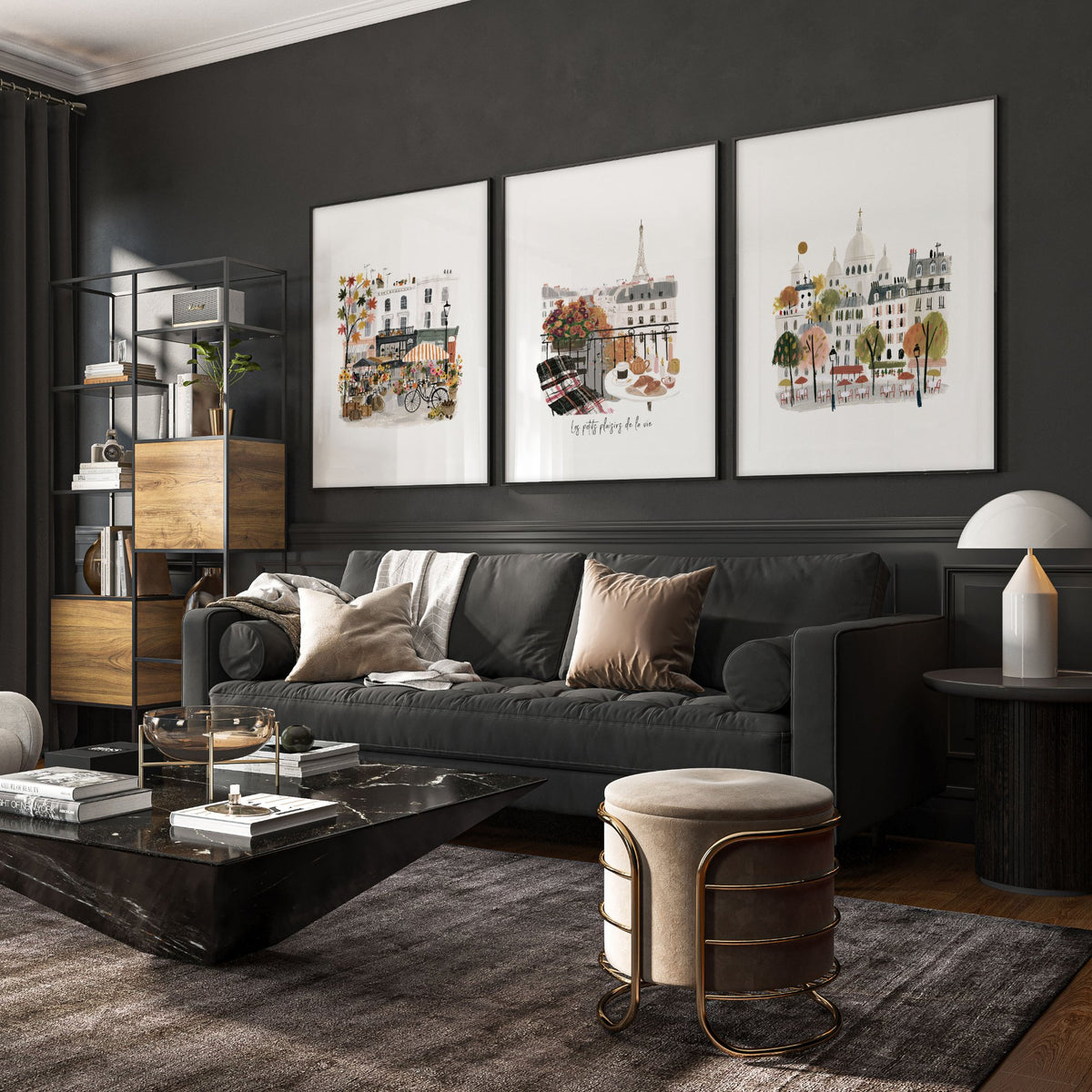 Wall Art Living Room Large Paris Travel wall art | "Les Petits Plaisirs de la Vie" Eiffel Tower Watercolour displayed on a wall in a styled room — view 6