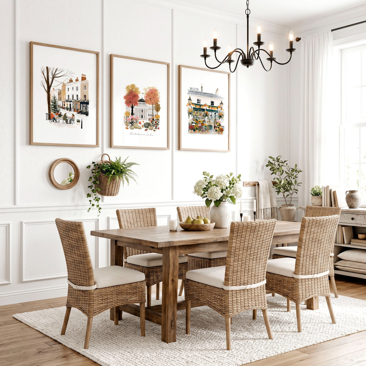Wall Art London Seasonal Scenes | "Wintertime in London" Travel Illustration Set of 3 displayed on a wall in a styled room — view 2