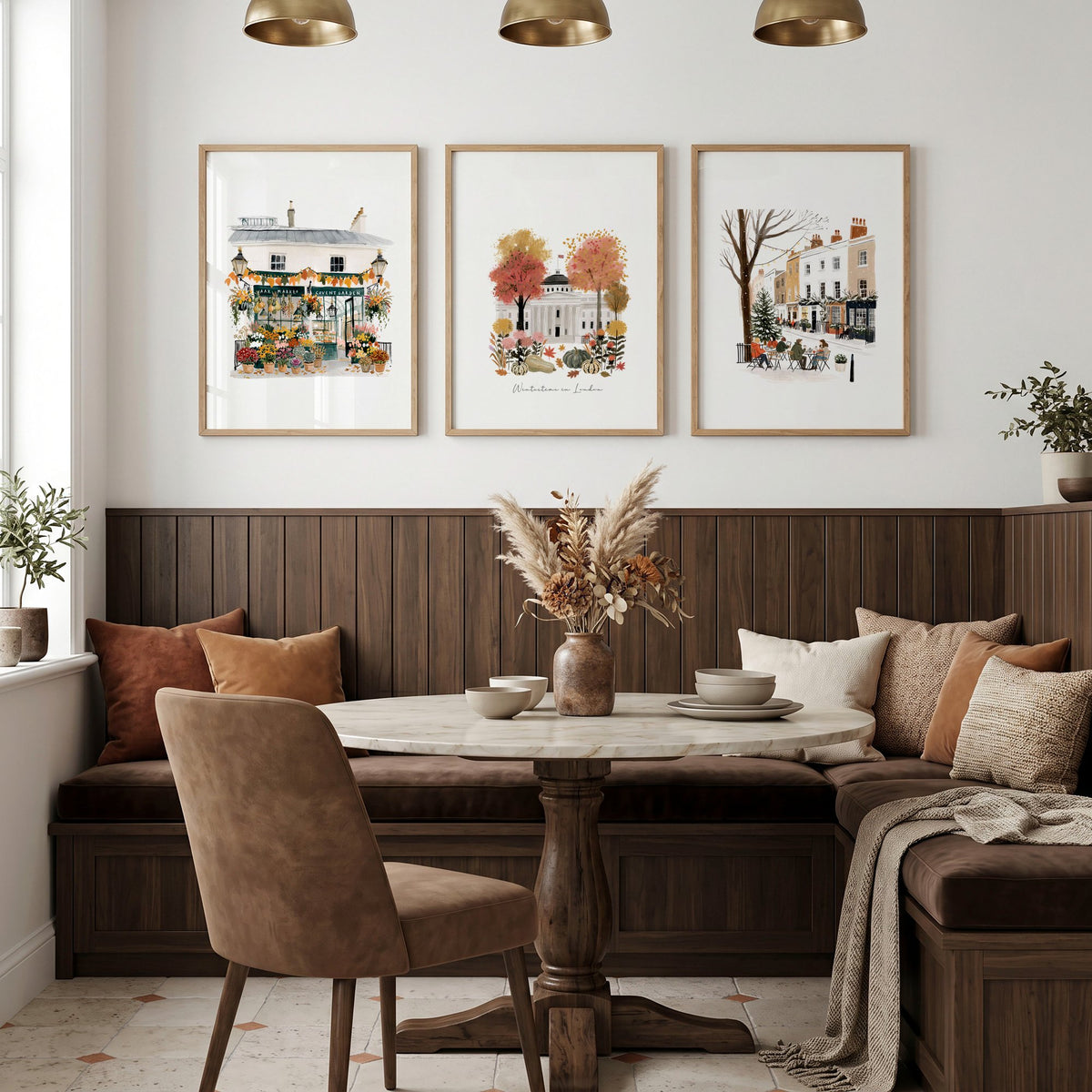 Wall Art London Seasonal Scenes | "Wintertime in London" Travel Illustration Set of 3 displayed on a wall in a styled room — view 3