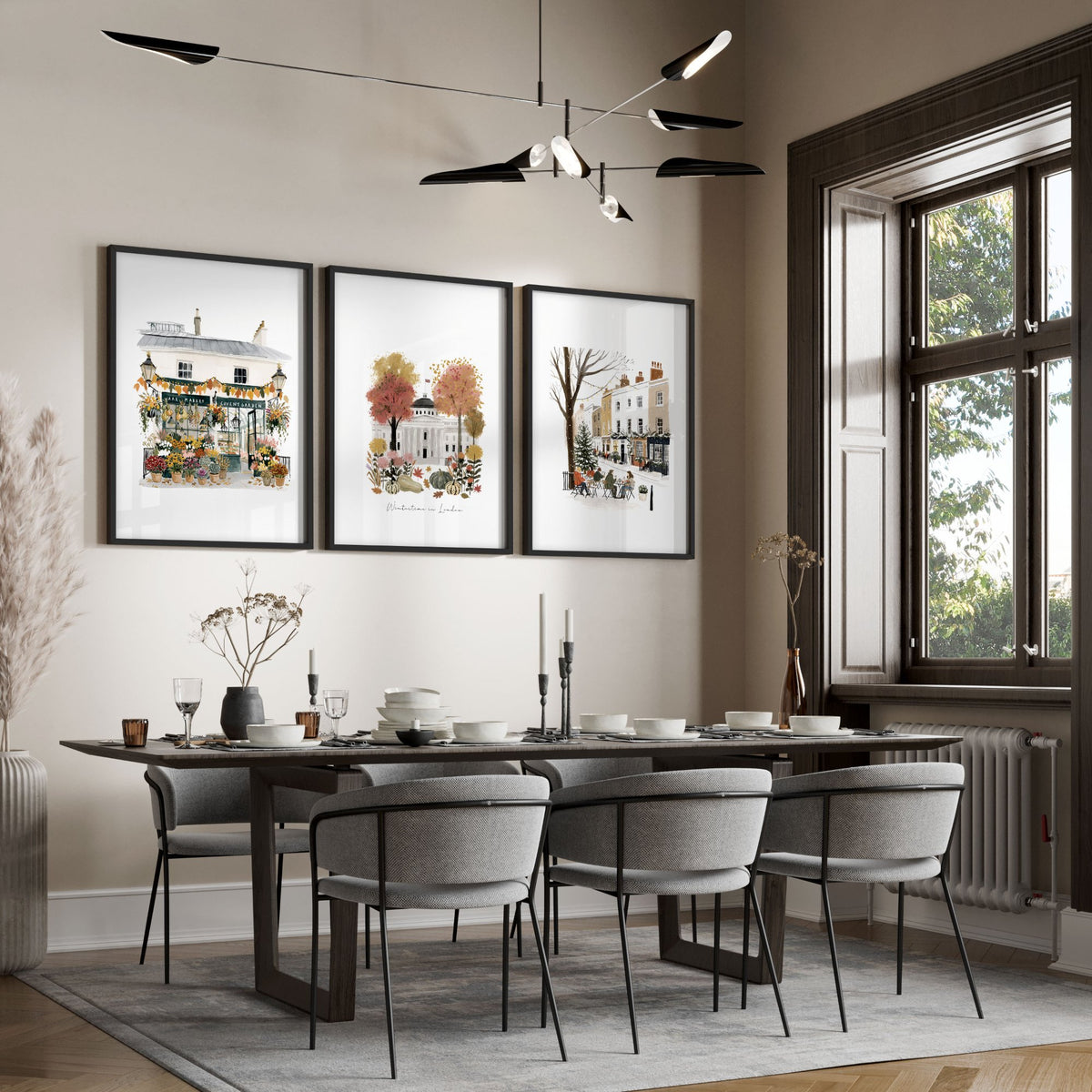 Wall Art London Seasonal Scenes | "Wintertime in London" Travel Illustration Set of 3 displayed on a wall in a styled room — view 6