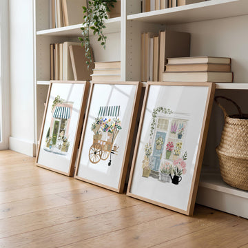 Wall Art Pictures Living Room Cottage Flower Shop & Floral Cart Botanical wall art displayed on a wall in a styled room