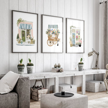 Wall Art Pictures Living Room Cottage Flower Shop & Floral Cart Botanical wall art displayed on a wall in a styled room — view 4