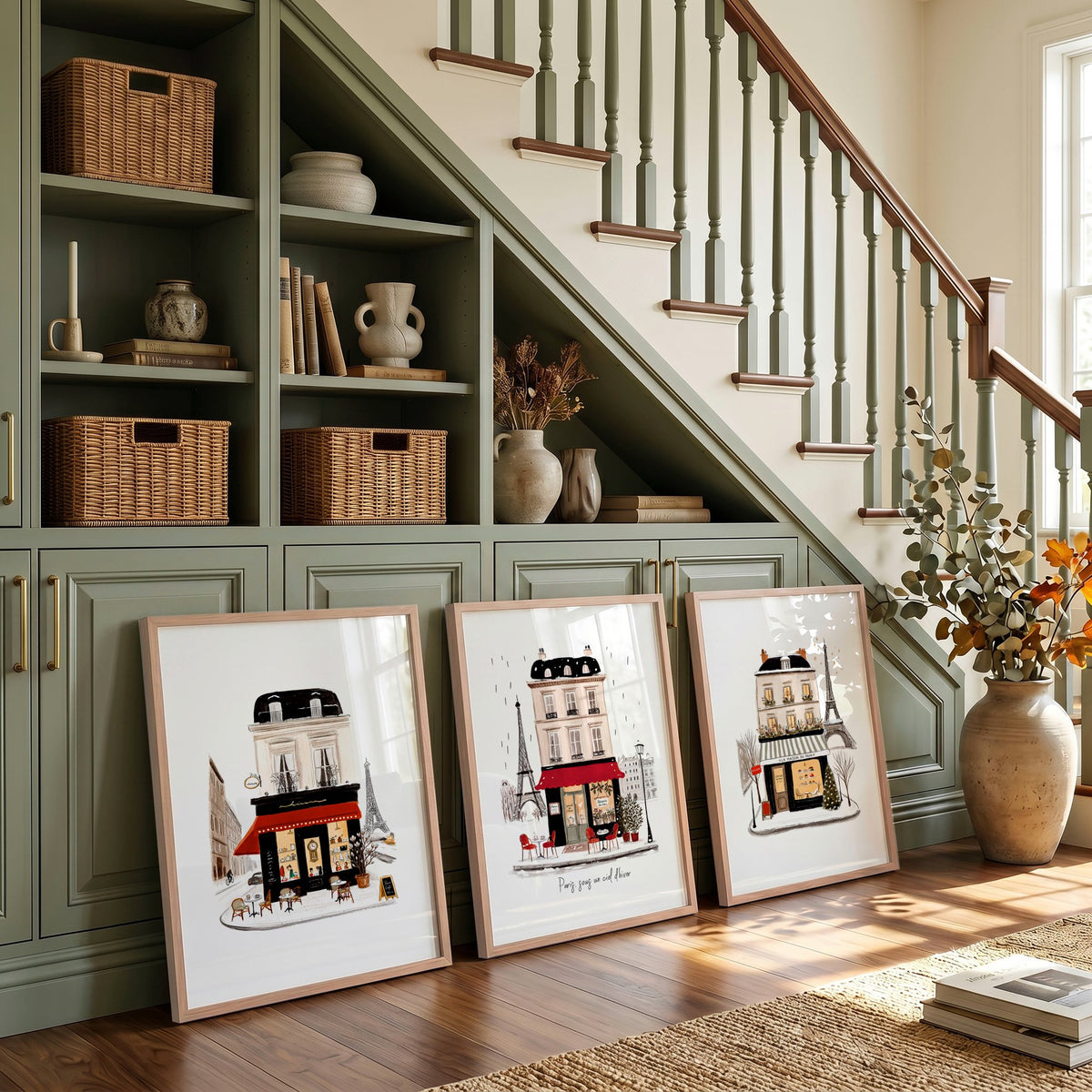 Paris Travel Wall Art Pieces | "Paris sous un ciel d'hiver" Illustrated Street Scenes displayed on a wall in a styled room — view 3