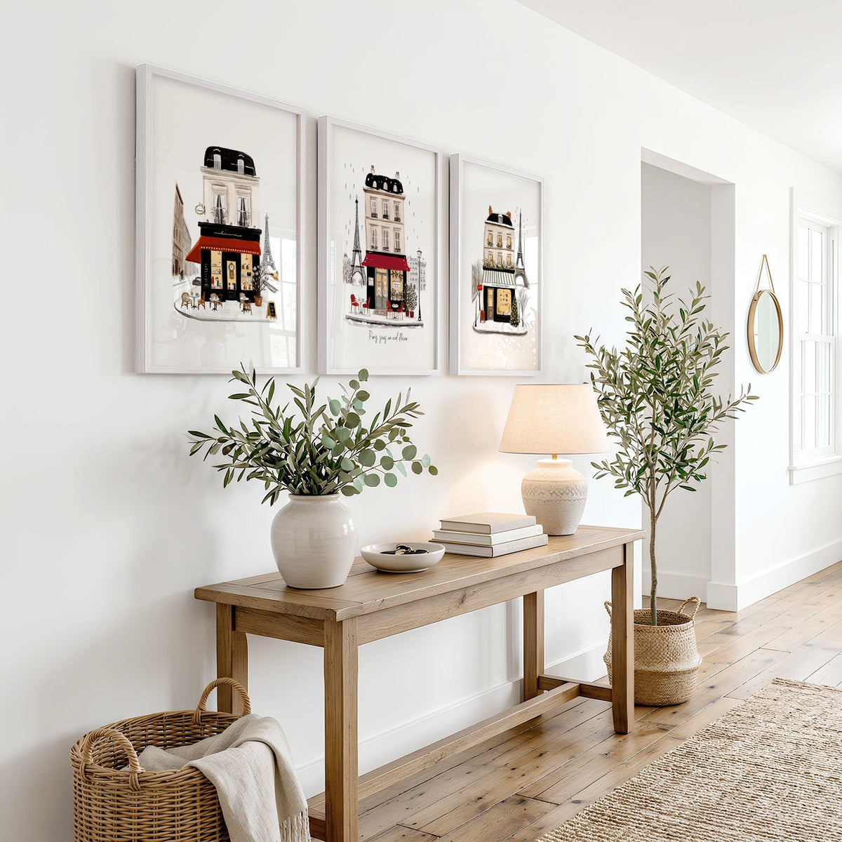 Paris Travel Wall Art Pieces | "Paris sous un ciel d'hiver" Illustrated Street Scenes displayed on a wall in a styled room — view 5