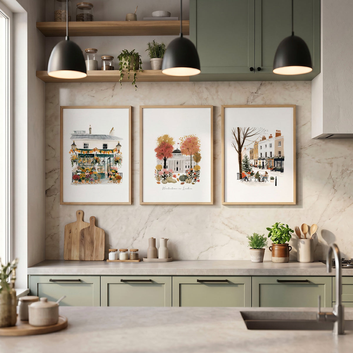 Wall Decor for a Kitchen London Travel Scenes | "Wintertime in London" Terracotta & White Art wall art displayed on a wall in a styled room