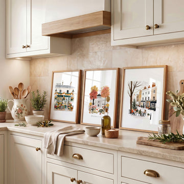Wall Decor for a Kitchen London Travel Scenes | "Wintertime in London" Terracotta & White Art wall art displayed on a wall in a styled room — view 4