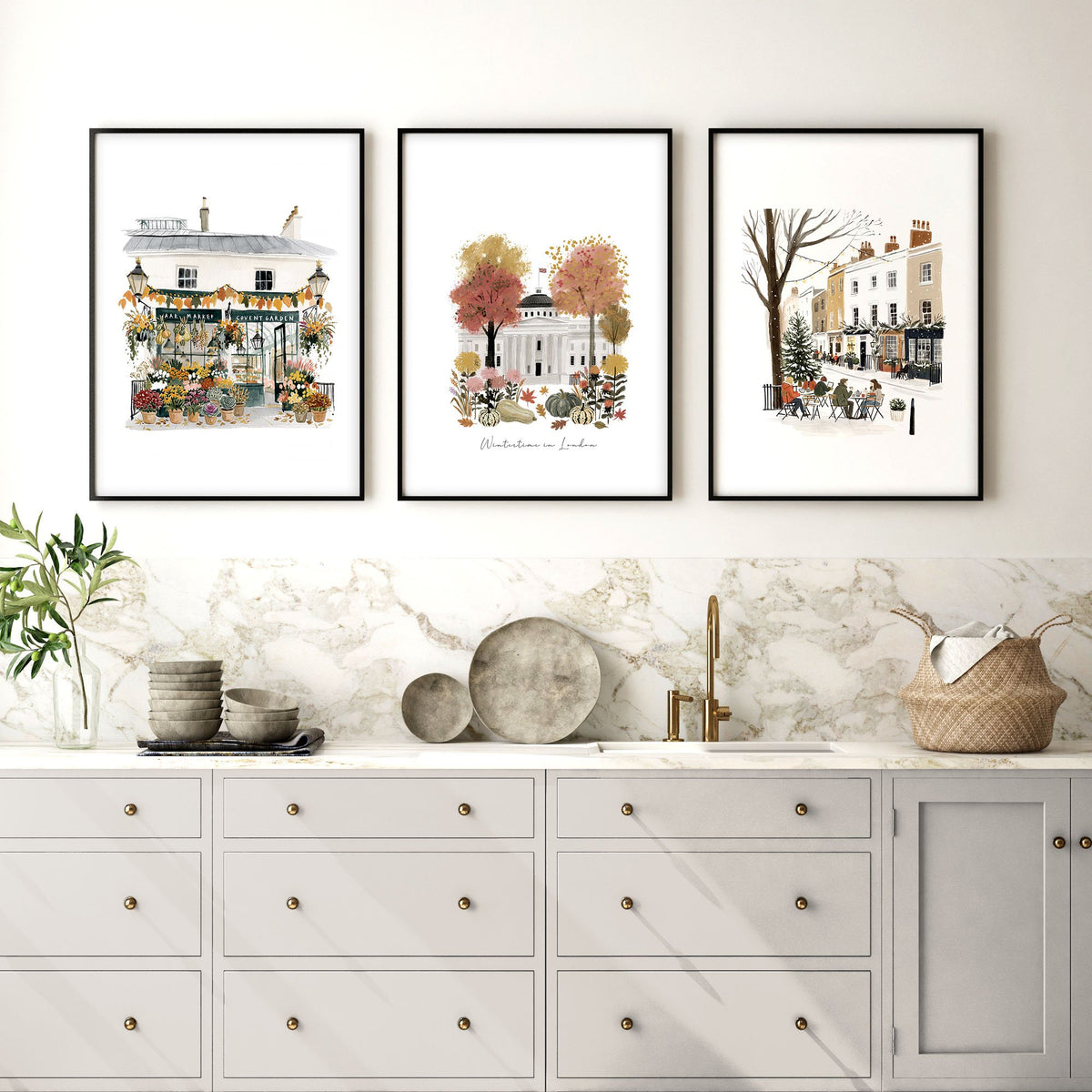 Wall Decor for a Kitchen London Travel Scenes | "Wintertime in London" Terracotta & White Art wall art displayed on a wall in a styled room — view 5