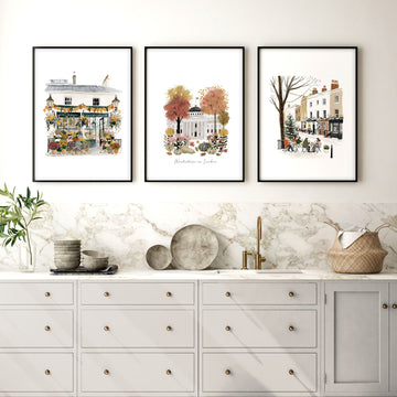 Wall Decor for a Kitchen London Travel Scenes | "Wintertime in London" Terracotta & White Art wall art displayed on a wall in a styled room — view 5
