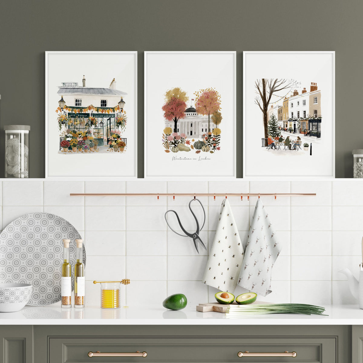 Wall Decor for a Kitchen London Travel Scenes | "Wintertime in London" Terracotta & White Art wall art displayed on a wall in a styled room — view 6