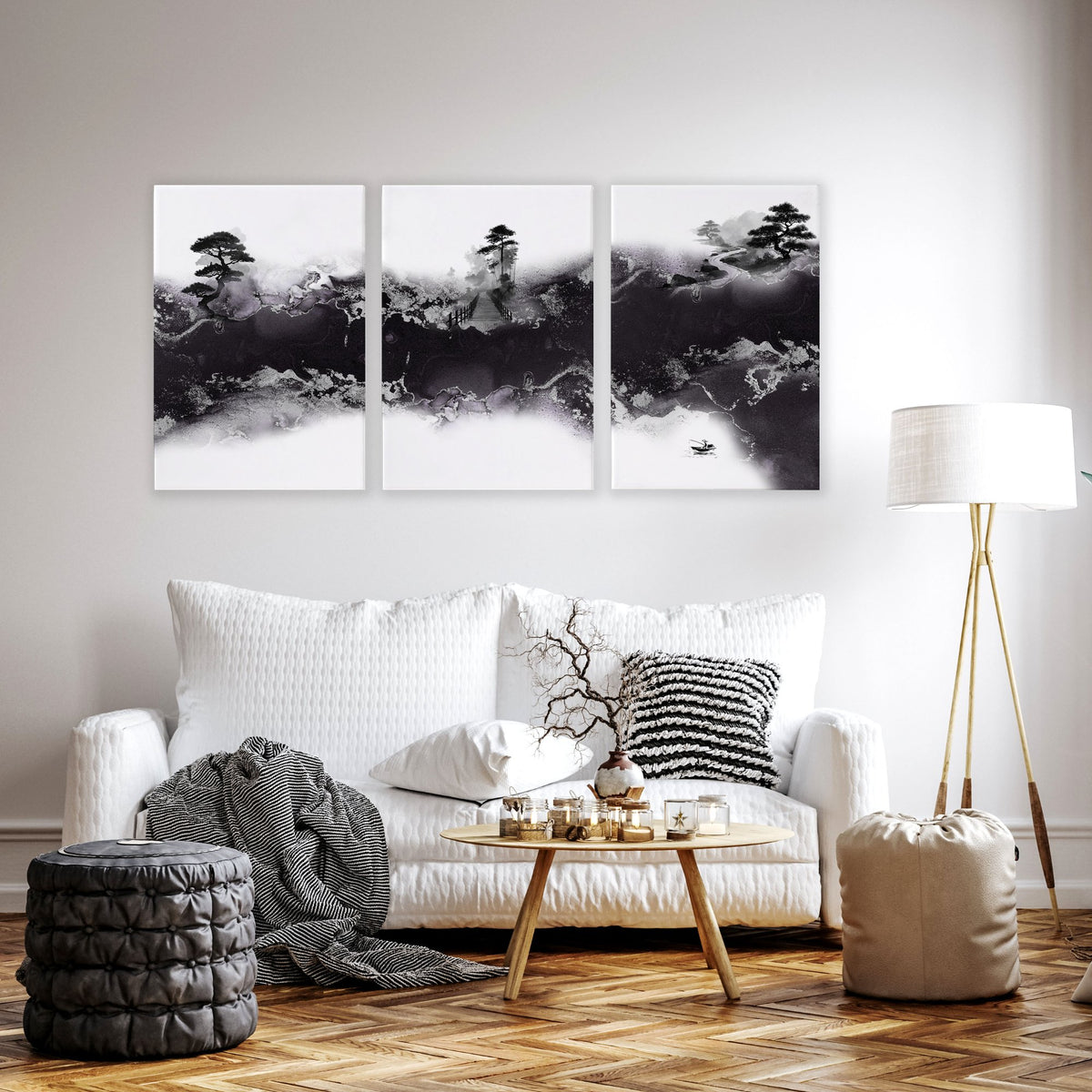Wall Decor for High Ceiling Living Room | Japandi Black White Mauve Ink Landscape Art wall art displayed on a wall in a styled room
