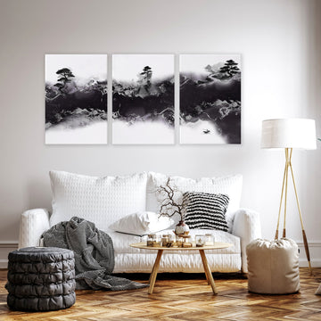 Wall Decor for High Ceiling Living Room | Japandi Black White Mauve Ink Landscape Art wall art displayed on a wall in a styled room
