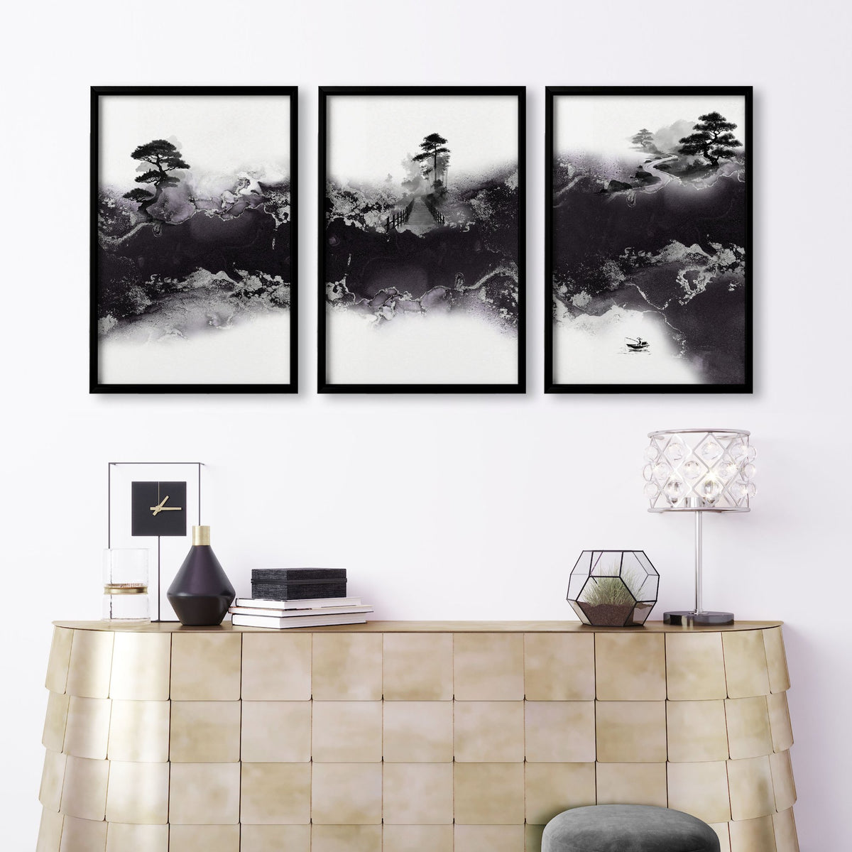 Wall Decor for High Ceiling Living Room | Japandi Black White Mauve Ink Landscape Art wall art displayed on a wall in a styled room — view 10