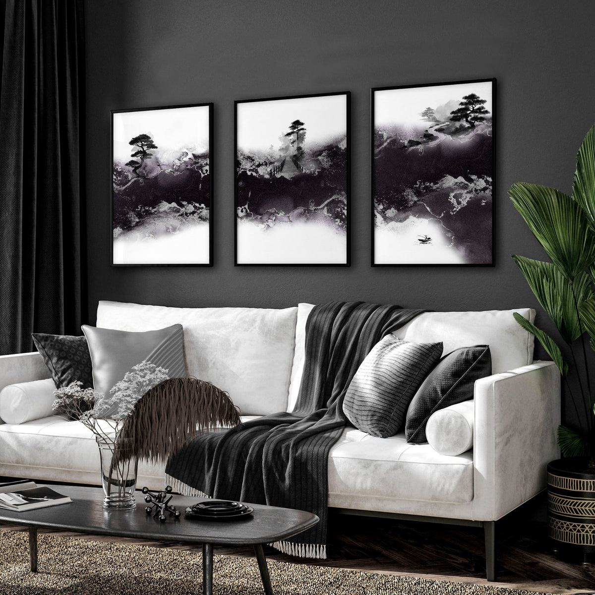 Wall Decor for High Ceiling Living Room | Japandi Black White Mauve Ink Landscape Art wall art displayed on a wall in a styled room — view 11