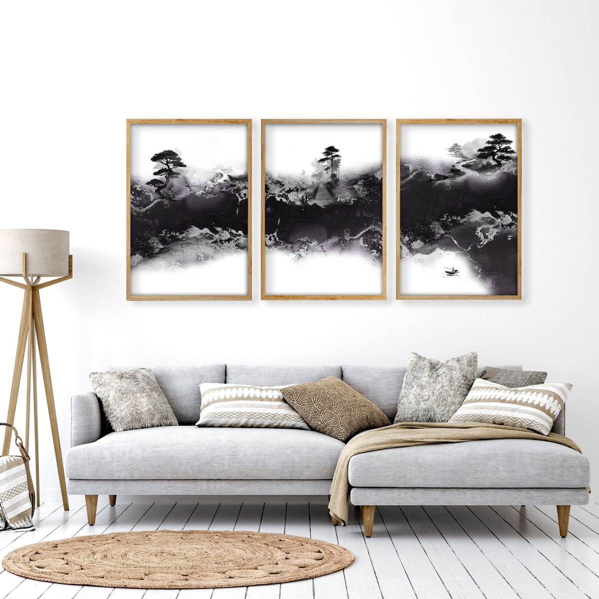 Wall Decor for High Ceiling Living Room | Japandi Black White Mauve Ink Landscape Art wall art displayed on a wall in a styled room — view 12