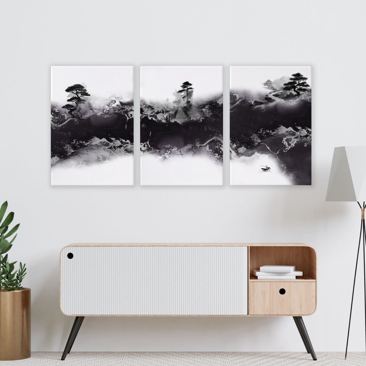 Wall Decor for High Ceiling Living Room | Japandi Black White Mauve Ink Landscape Art wall art displayed on a wall in a styled room — view 13