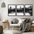 Wall Decor for High Ceiling Living Room | Japandi Black White Mauve Ink Landscape Art wall art displayed on a wall in a styled room — view 14