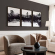 Wall Decor for High Ceiling Living Room | Japandi Black White Mauve Ink Landscape Art wall art displayed on a wall in a styled room — view 2