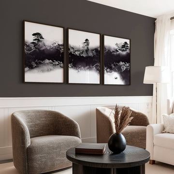 Wall Decor for High Ceiling Living Room | Japandi Black White Mauve Ink Landscape Art wall art displayed on a wall in a styled room — view 2
