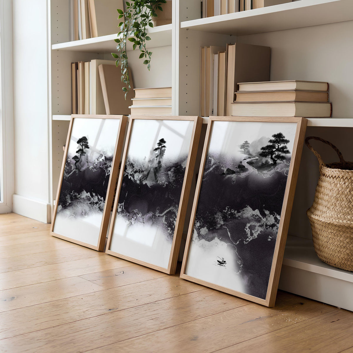Wall Decor for High Ceiling Living Room | Japandi Black White Mauve Ink Landscape Art wall art displayed on a wall in a styled room — view 3