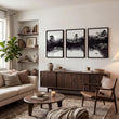 Wall Decor for High Ceiling Living Room | Japandi Black White Mauve Ink Landscape Art wall art displayed on a wall in a styled room — view 4
